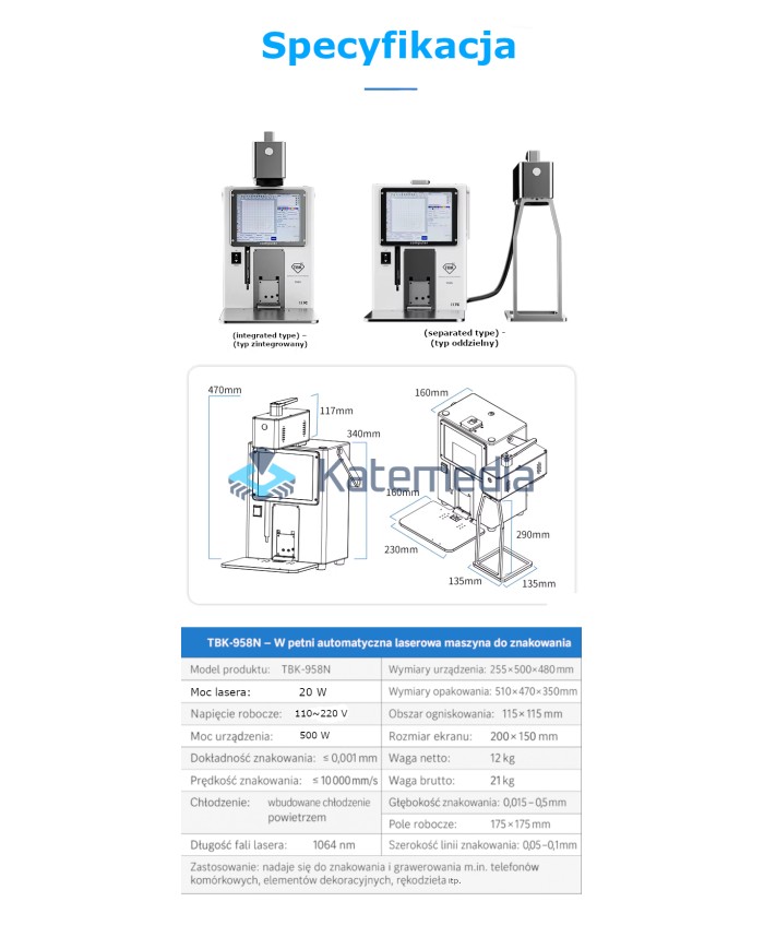 Laser TBK 958N z obrotowym uchwytem i odłączaną głowicą możliwość graweru