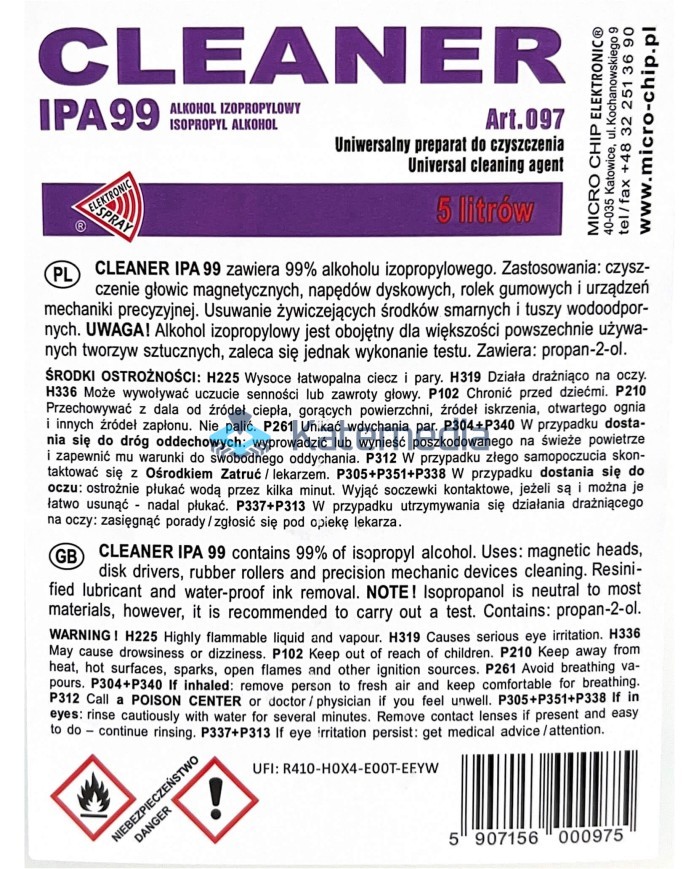 Isopropyl alcohol IPA 99 cleaner 5L