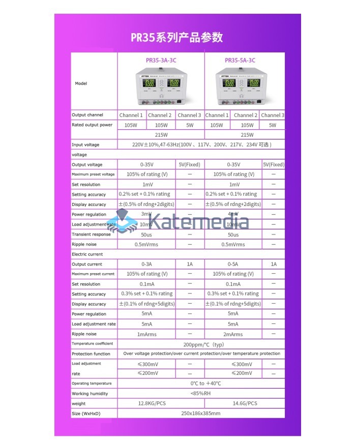 Zasilacz serwisowy laboratoryjny trzykanałowy Atten PR35-5A-3C 35V 5A 215W