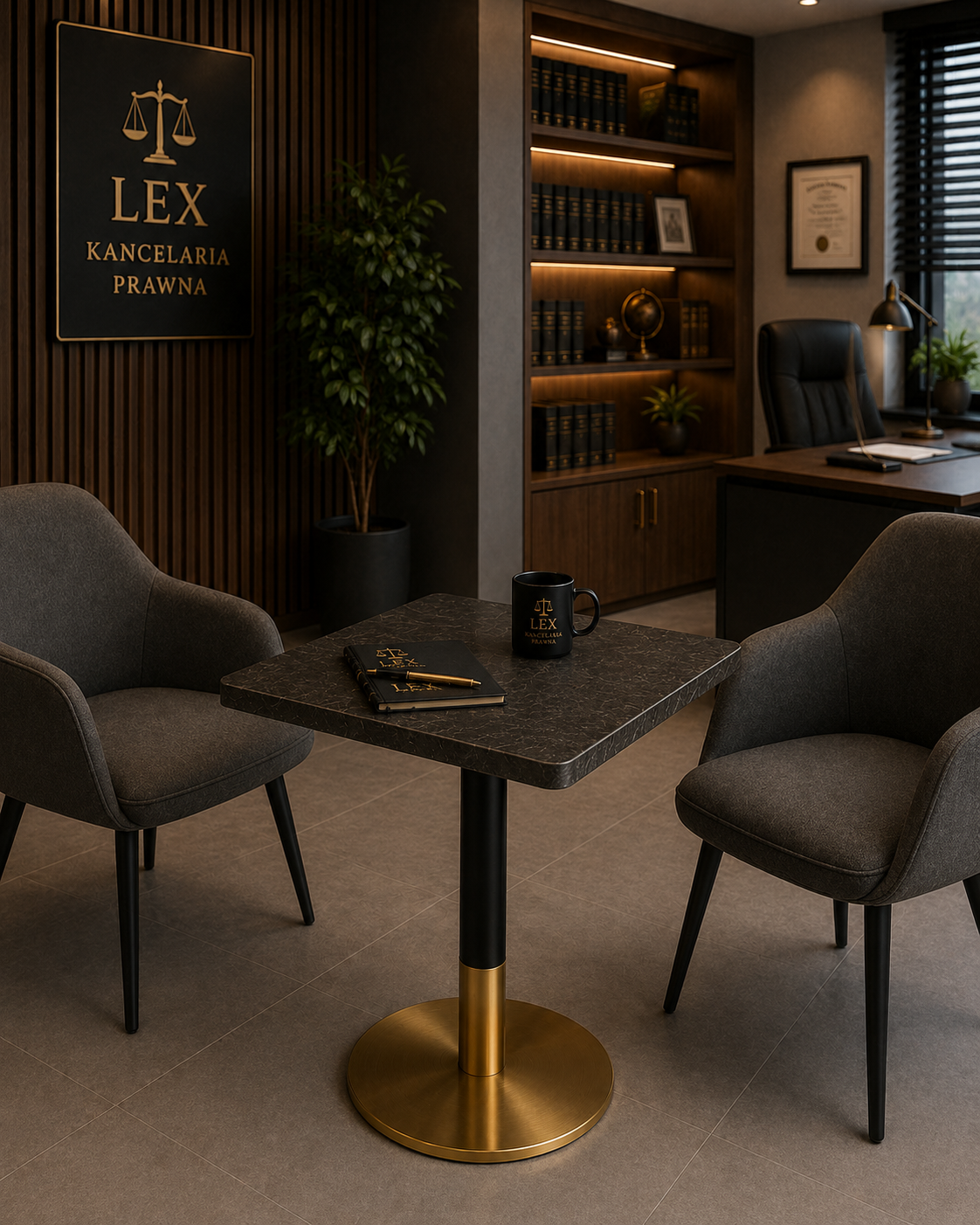 Pedestal A022 with a black marble-look top in a law firm arrangement
