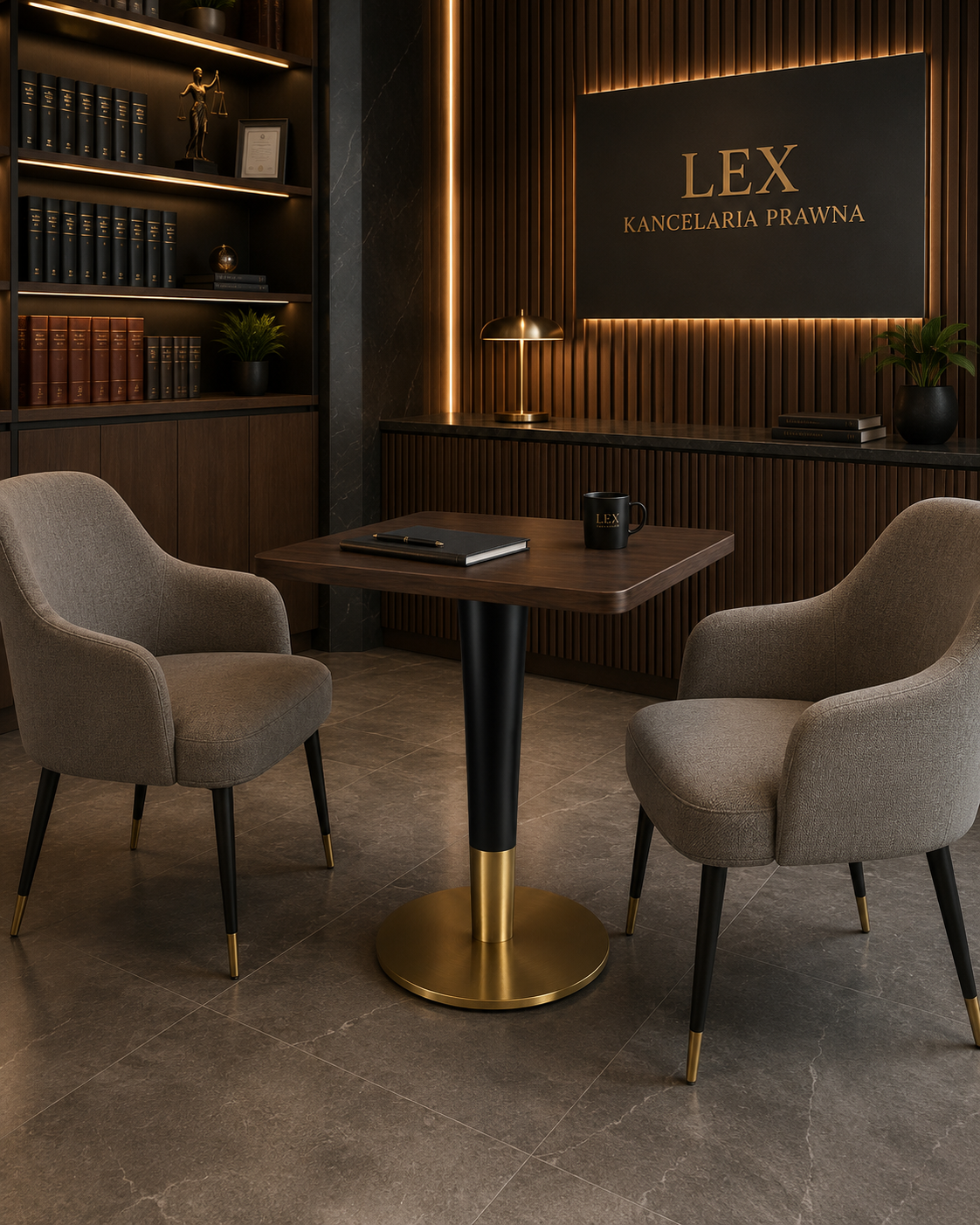 Pedestal A025 with a black marble-look top in a law office setting