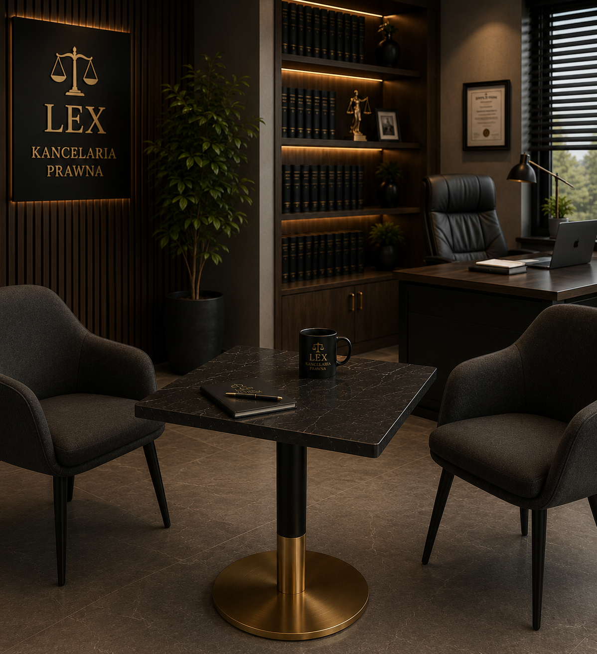 Pedestal A025 with a wooden top in a law office arrangement