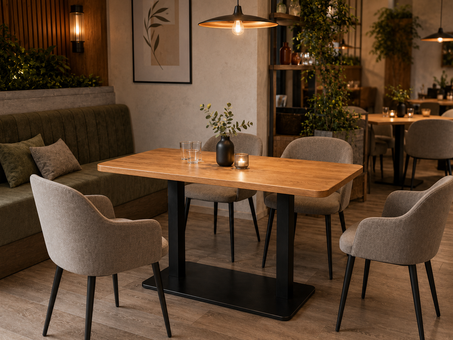 Pedestal B011 with a rectangular wooden top in a restaurant setting