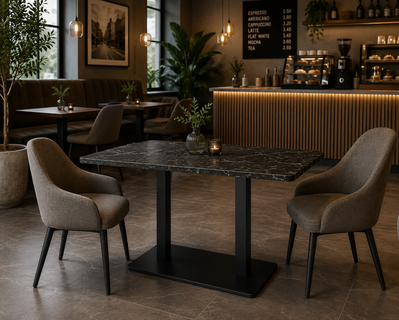 Pedestal B011 with a rectangular top with a black marble look in a cafe setting