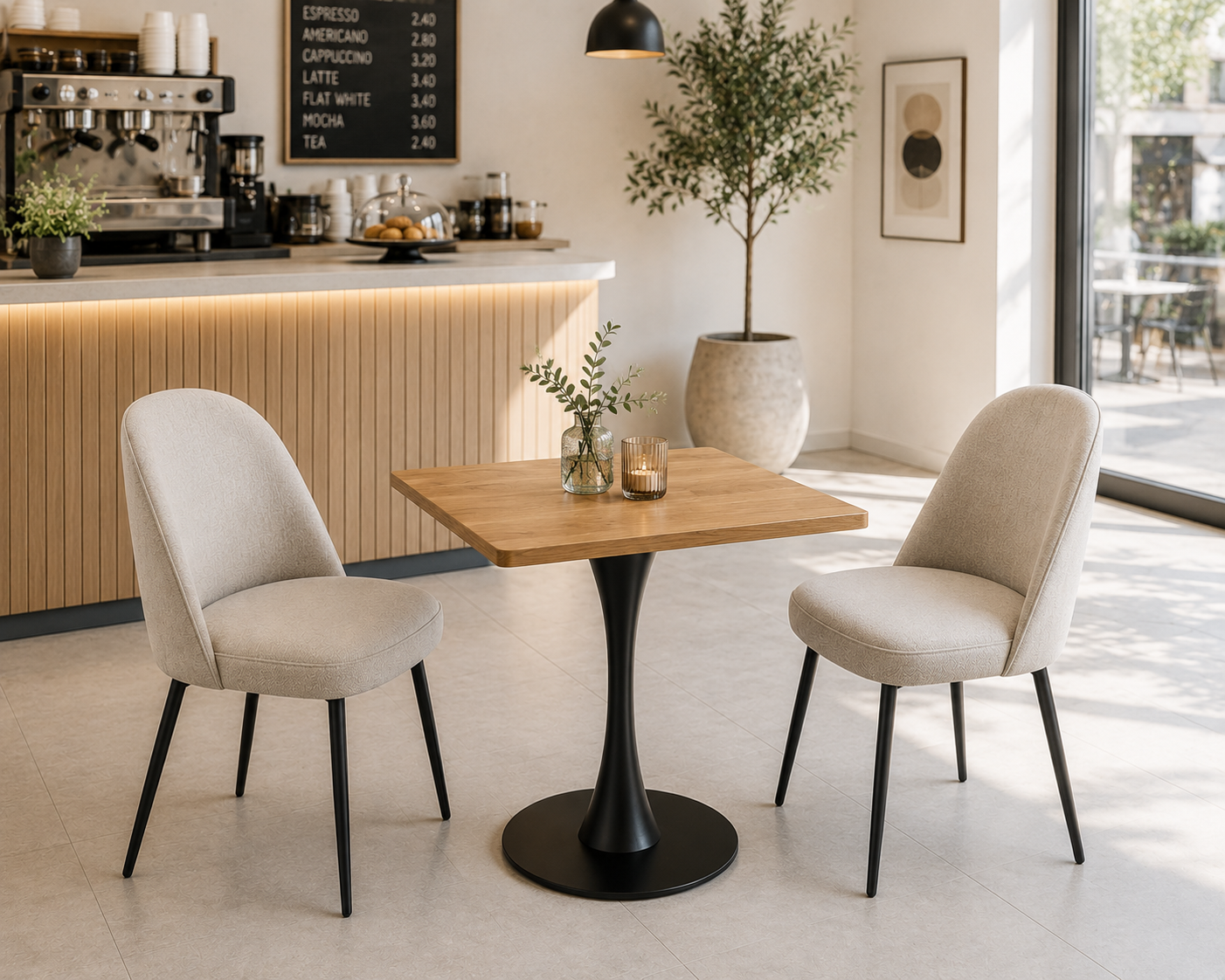 B017 pedestal with a wooden top in a café arrangement
