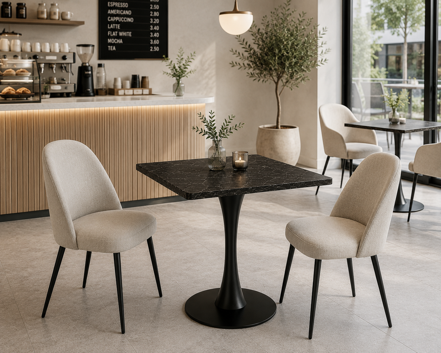 B017 pedestal with a black marble look countertop in a cafe arrangement