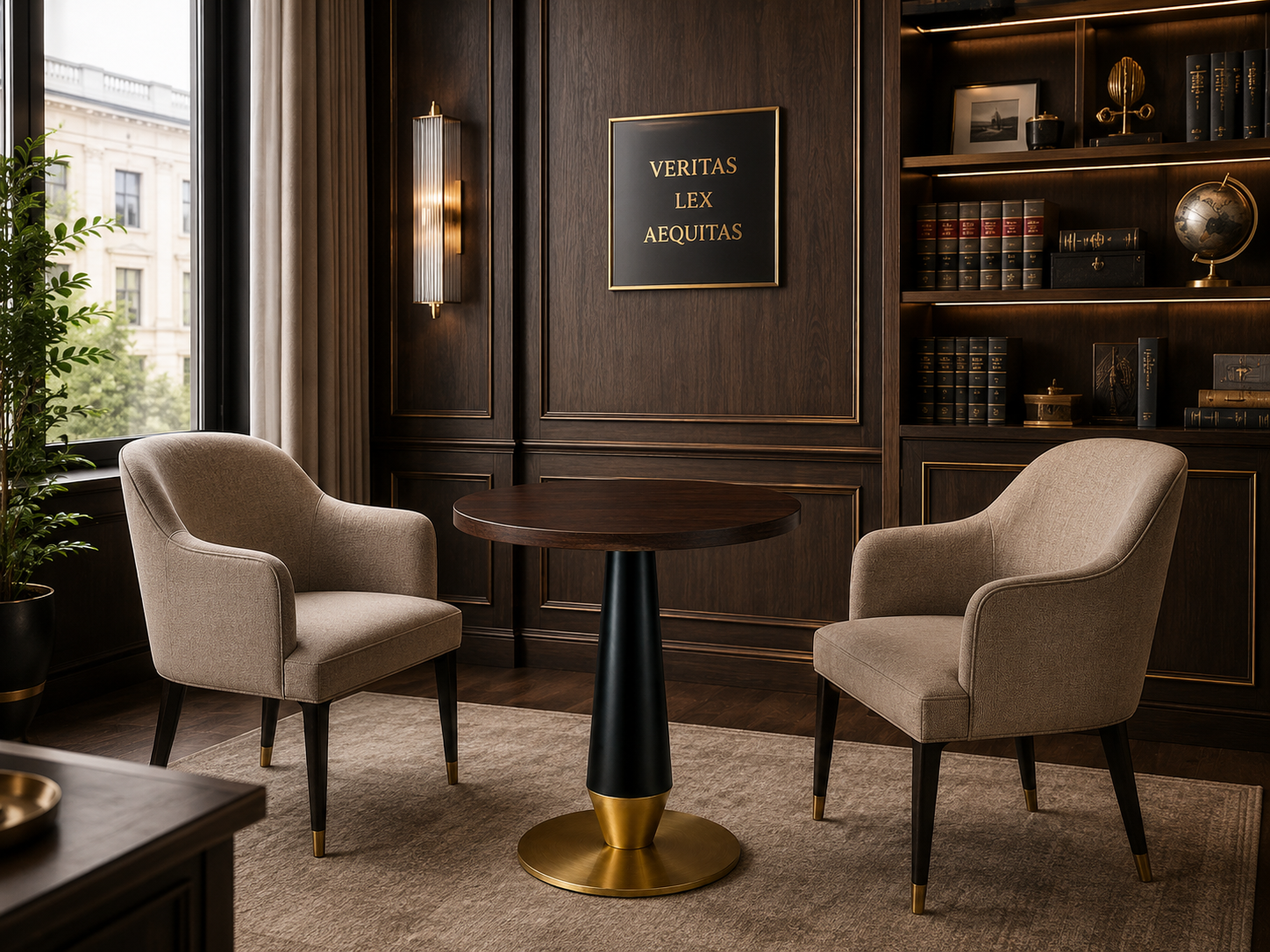 Pedestal B030 with a round wooden top in a law firm arrangement