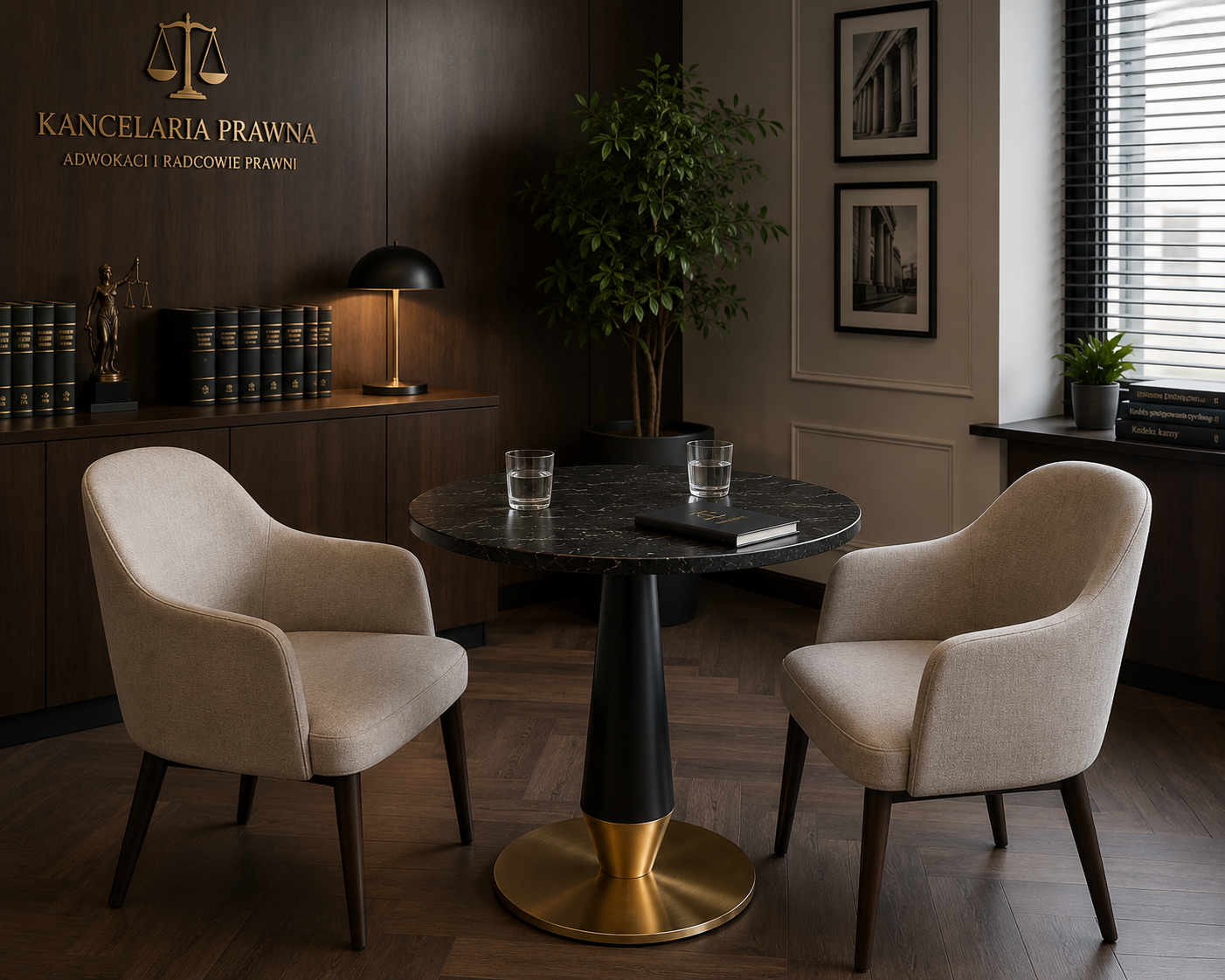 Pedestal B030 with a round top with a black marble look in a law firm arrangement