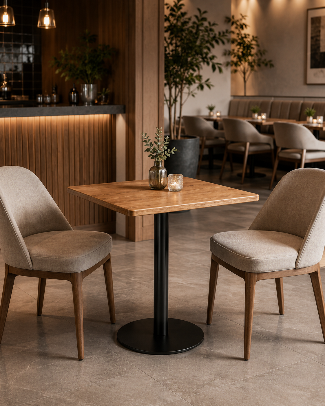 B09K pedestal with a wooden top in a restaurant arrangement