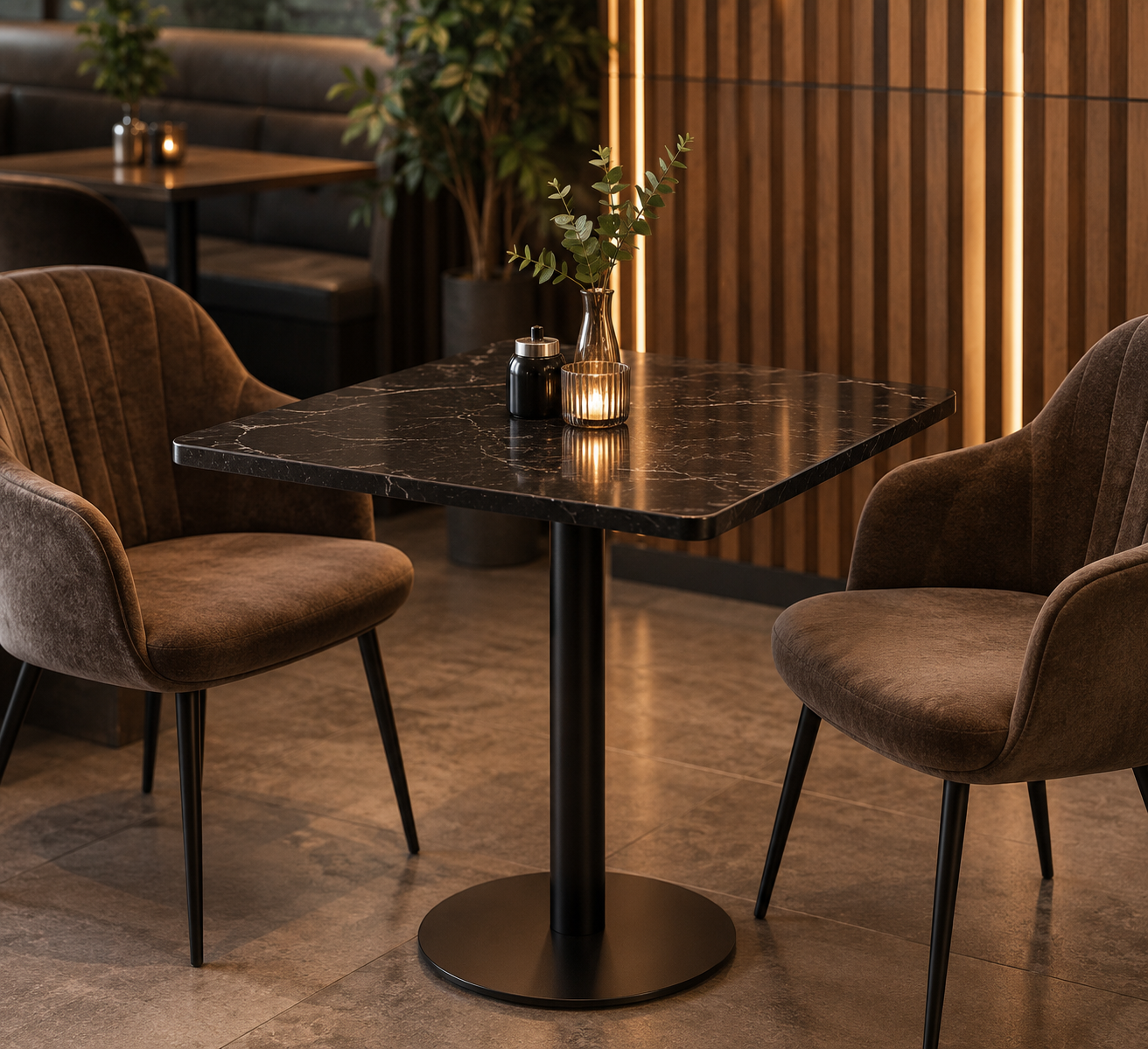 Pedestal B09K with a black marble-look top in a restaurant setting