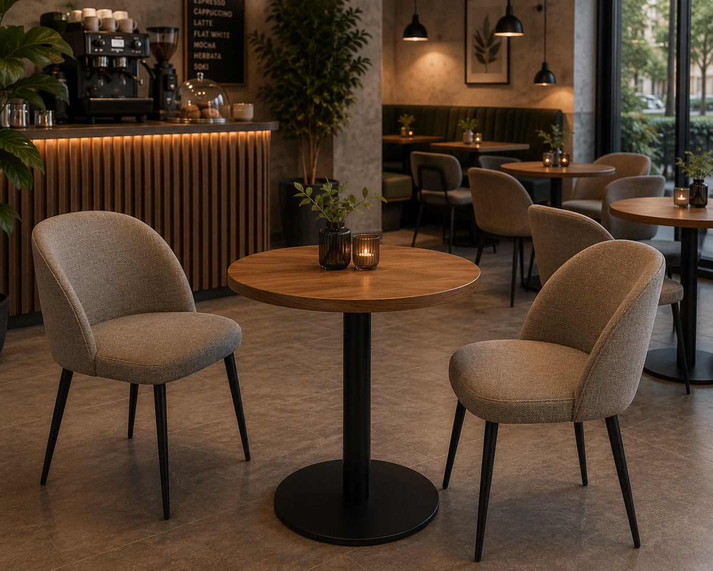 Pedestal B09P with a round wooden top in a cafe setting