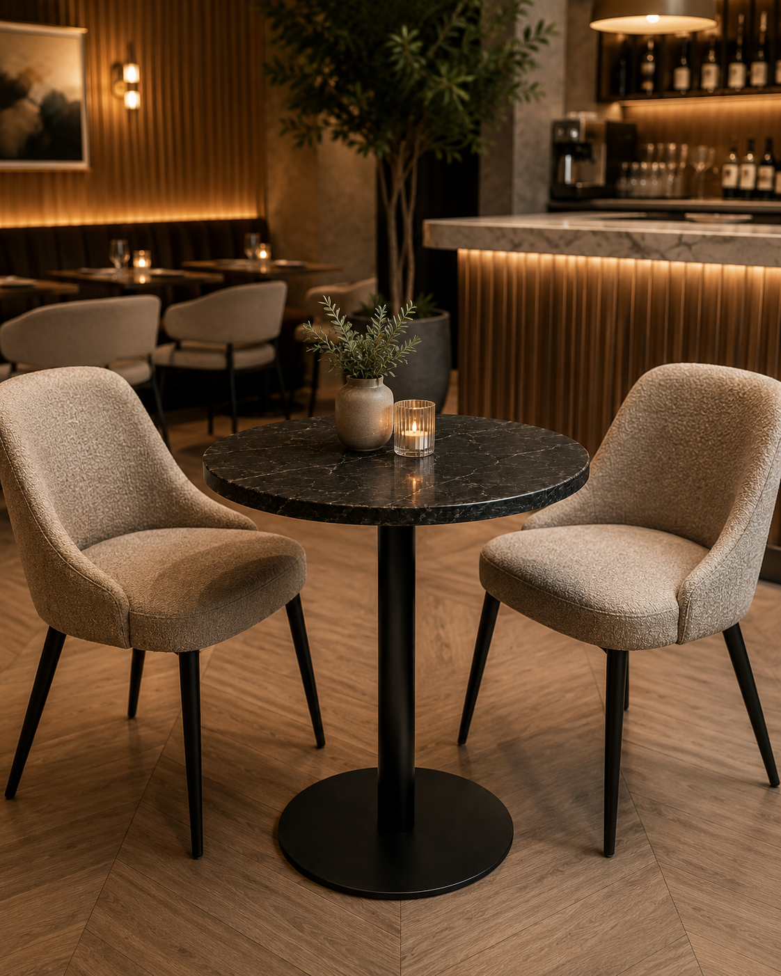 Pedestal B09P with a round black marble-look top in a restaurant setting