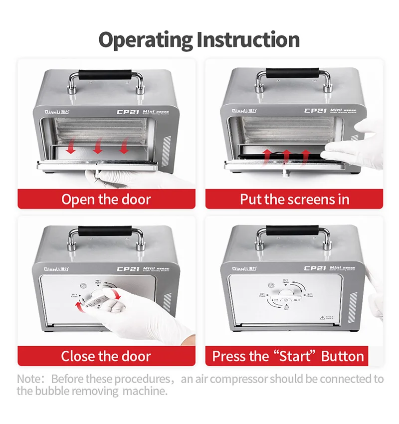 User manual: 1. Open the door, 2. Insert the screen, 3. Close the door, 4. Press 'Start'