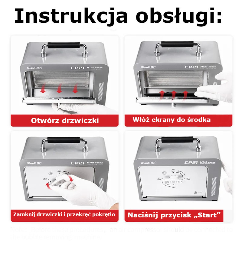 Instrukcja obsługi: 1. Otwórz drzwiczki, 2. Włóż ekran, 3. Zamknij drzwiczki, 4. Naciśnij 'Start'